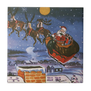 Vintage Christmas Santa Claus Flying His Sleigh Tile