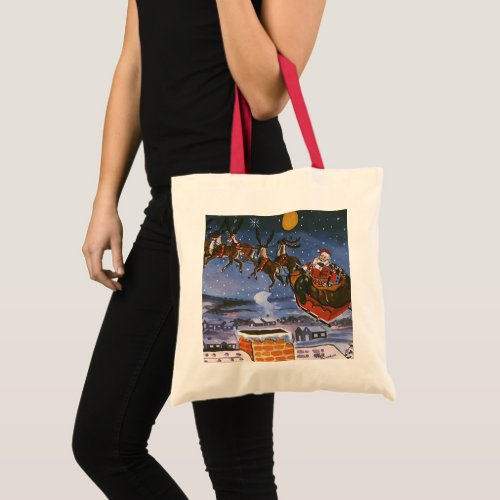 Vintage Christmas Santa Claus Flying His Sleigh Tote Bag