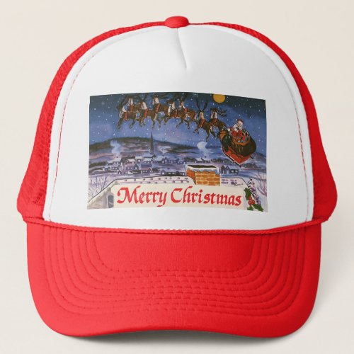 Vintage Christmas Santa Claus Flying His Sleigh Trucker Hat