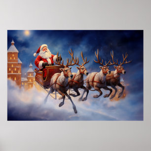 Vintage Christmas Santa Claus Flying in Sleigh Poster