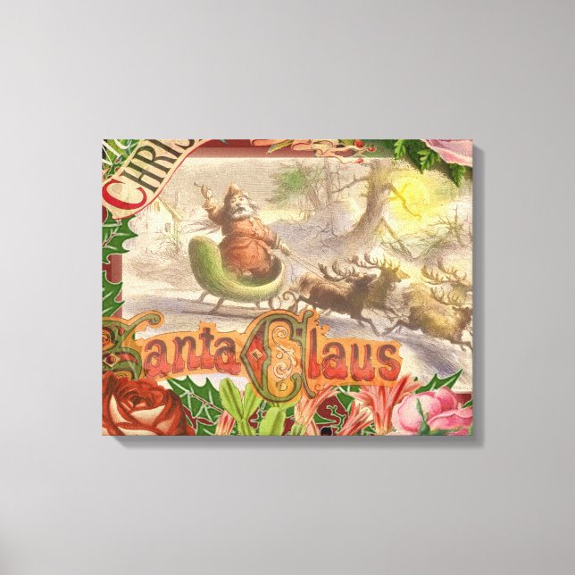 Vintage Christmas Santa Claus Flying Sleigh Canvas Print (Front)