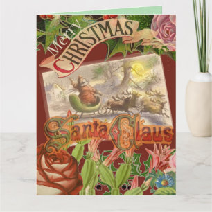 Vintage Christmas Santa Claus Flying Sleigh Card