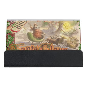 Vintage Christmas Santa Claus Flying Sleigh Desk Business Card Holder