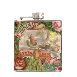 Vintage Christmas Santa Claus Flying Sleigh Flask