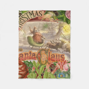 Vintage Christmas Santa Claus Flying Sleigh Fleece Blanket