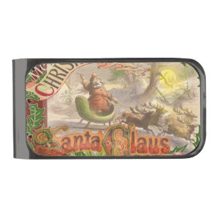 Vintage Christmas Santa Claus Flying Sleigh Gunmetal Finish Money Clip