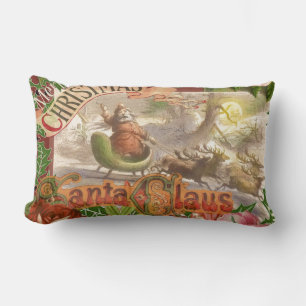 Vintage Christmas Santa Claus Flying Sleigh Lumbar Pillow
