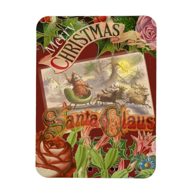 Vintage Christmas Santa Claus Flying Sleigh Magnet (Vertical)