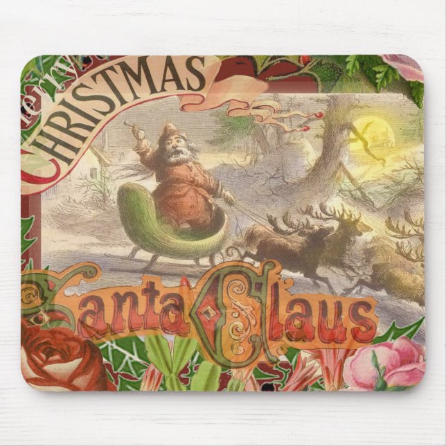 Vintage Christmas Santa Claus Flying Sleigh Mouse Pad (Front)