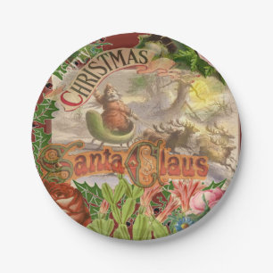 Vintage Christmas Santa Claus Flying Sleigh Paper Plates