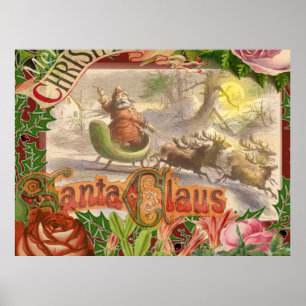 Vintage Christmas Santa Claus Flying Sleigh Poster