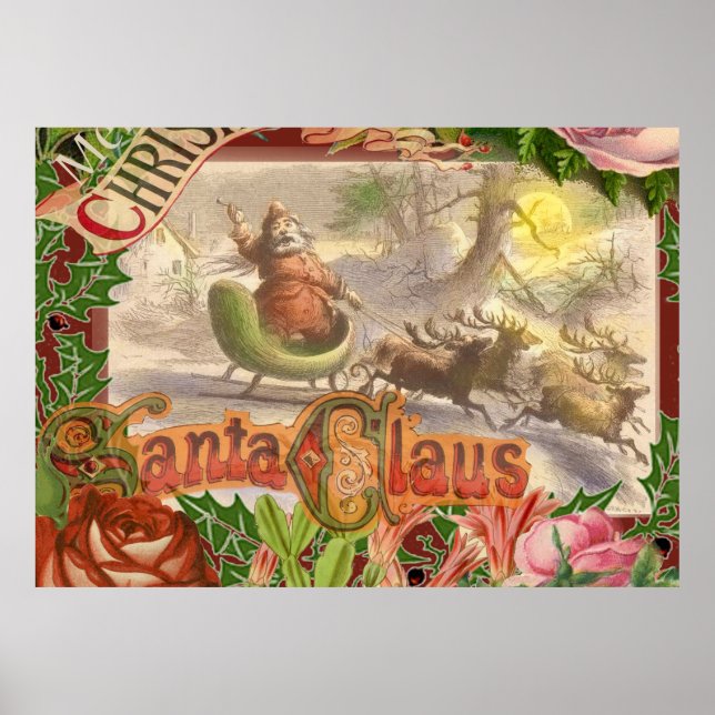 Vintage Christmas Santa Claus Flying Sleigh Poster (Front)