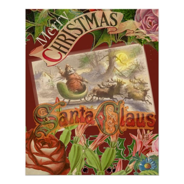 Vintage Christmas Santa Claus Flying Sleigh Poster (Front)