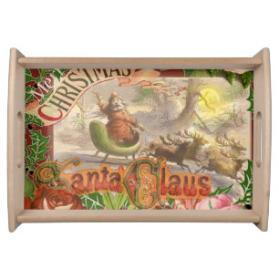 Vintage Christmas Santa Claus Flying Sleigh Serving Tray