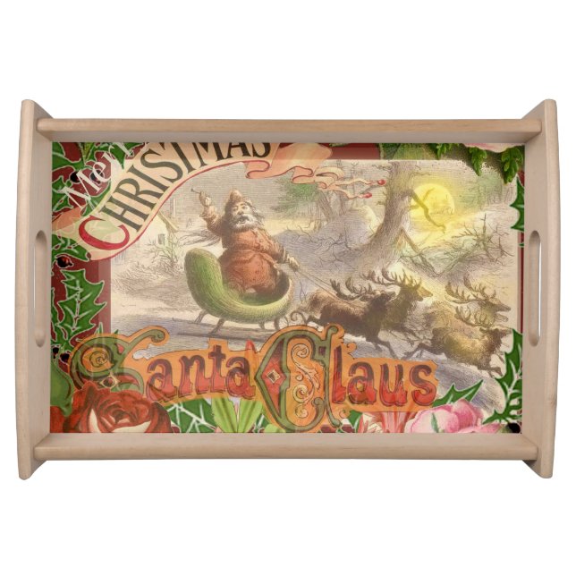 Vintage Christmas Santa Claus Flying Sleigh Serving Tray (Front)