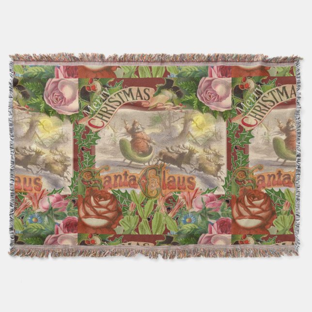 Vintage Christmas Santa Claus Flying Sleigh Throw Blanket (Front)