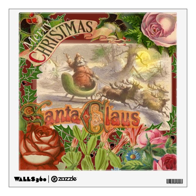 Vintage Christmas Santa Claus Flying Sleigh Wall Decal (Front)