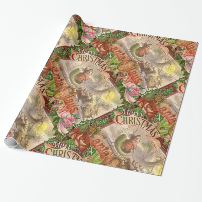 Vintage Christmas Santa Claus Flying Sleigh Wrapping Paper (Unrolled)