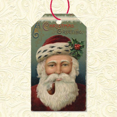 Vintage Christmas Santa Claus Holly Pipe Pretty Gift Tags