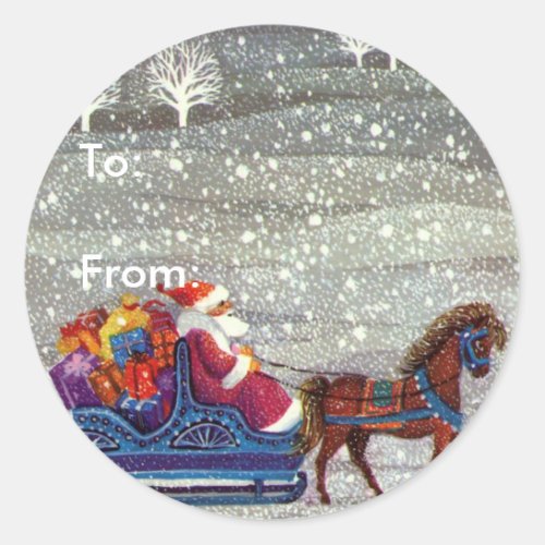 Vintage Christmas Santa Claus Horse Open Sleigh Classic Round Sticker