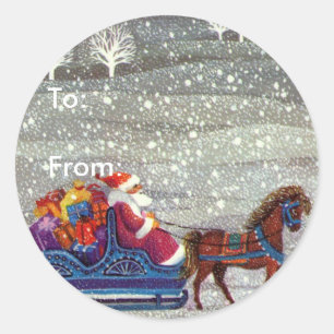 Vintage Christmas, Santa Claus Horse Open Sleigh Classic Round Sticker