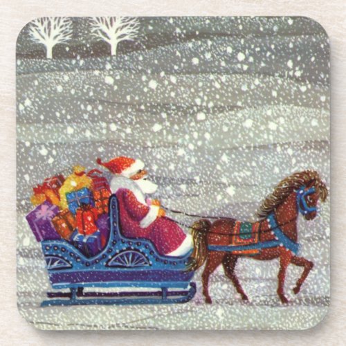 Vintage Christmas Santa Claus Horse Open Sleigh Coaster