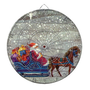 Vintage Christmas, Santa Claus Horse Open Sleigh Dartboard With Darts