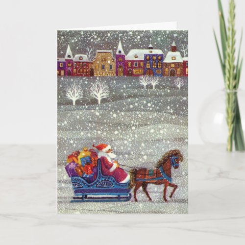 Vintage Christmas Santa Claus Horse Open Sleigh Holiday Card