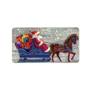 Vintage Christmas, Santa Claus Horse Open Sleigh Label