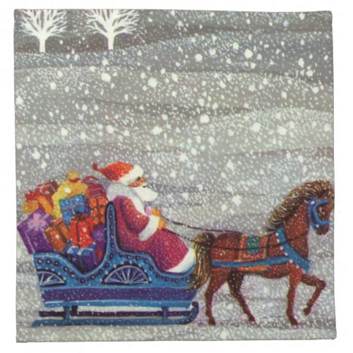 Vintage Christmas Santa Claus Horse Open Sleigh Napkin