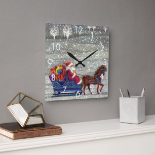 Vintage Christmas, Santa Claus Horse Open Sleigh Square Wall Clock
