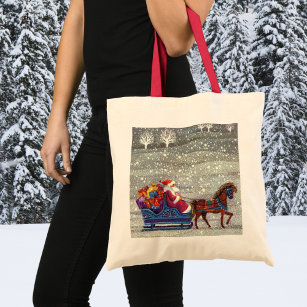 Vintage Christmas, Santa Claus Horse Open Sleigh Tote Bag