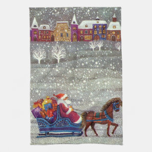 Vintage Christmas, Santa Claus Horse Open Sleigh Towel