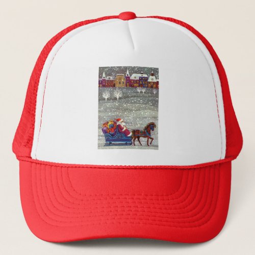 Vintage Christmas Santa Claus Horse Open Sleigh Trucker Hat