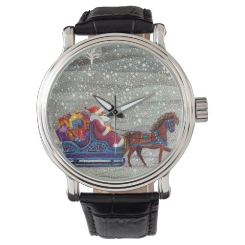 Vintage Christmas Santa Claus Horse Open Sleigh Watch