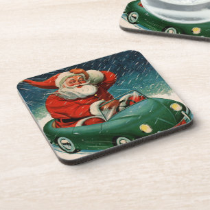 Vintage Christmas, Santa Claus in a Cute Car Beverage Coaster