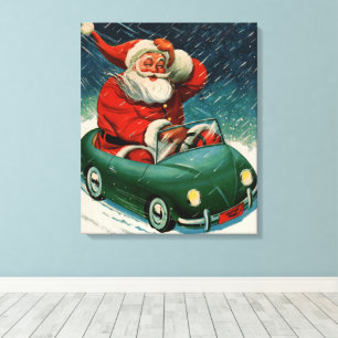 Vintage Christmas, Santa Claus in a Cute Car Canvas Print