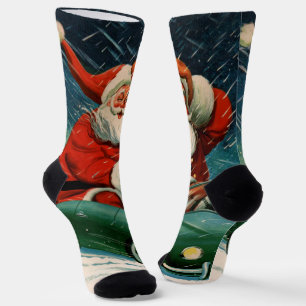Vintage Christmas, Santa Claus in a Cute Car Socks