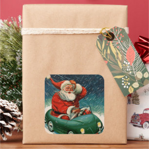 Vintage Christmas, Santa Claus in a Cute Car Square Sticker