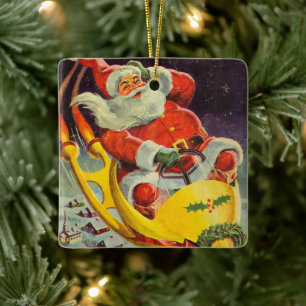Vintage Christmas, Santa Claus in a Spaceship Ceramic Ornament