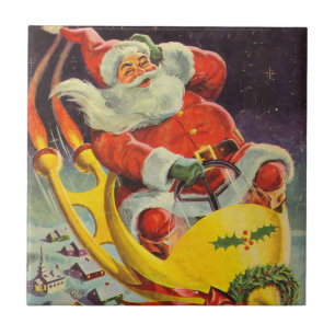 Vintage Christmas, Santa Claus in a Spaceship Ceramic Tile