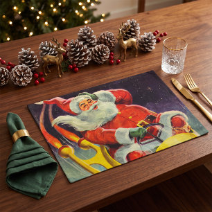 Vintage Christmas, Santa Claus in a Spaceship Cloth Placemat