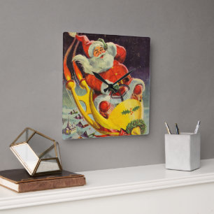 Vintage Christmas, Santa Claus in a Spaceship Square Wall Clock