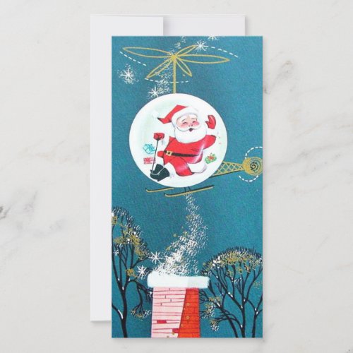 Vintage Christmas Santa Claus In Helicopter  Holiday Card