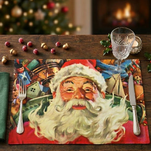 Vintage Christmas Santa Claus in Sleigh with Toys Cloth Placemat