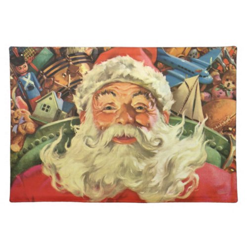 Vintage Christmas Santa Claus in Sleigh with Toys Cloth Placemat