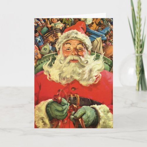 Vintage Christmas Santa Claus in Sleigh with Toys Holiday Card
