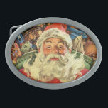 Vintage Christmas Santa Claus in Sleigh with Toys Oval Belt Buckle<br><div class="desc">Vintage illustration Merry Christmas holiday image featuring a jolly Santa Claus flying his sleigh with a sack full of games,  toys and dolls. You can see Santa's long white beard blowing in the wind!</div>