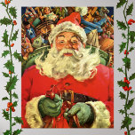 Vintage Christmas, Santa Claus in Sleigh with Toys Poster<br><div class="desc">Vintage illustration Merry Christmas holiday image featuring a jolly Santa Claus flying his sleigh with a sack full of games,  toys and dolls. You can see Santa's long white beard blowing in the wind!</div>