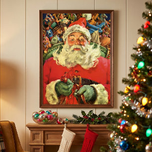Vintage Christmas Santa Claus in Sleigh with Toys Poster